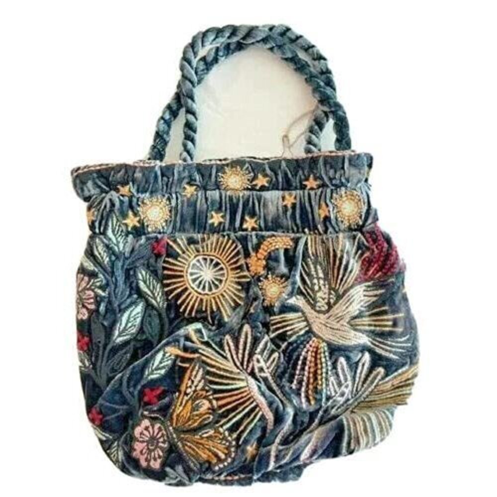 8788 Selah Velvet Pouch Jasper Blue Small Mini Pouch Embroidery Bag Handbag - Picture 2 of 2